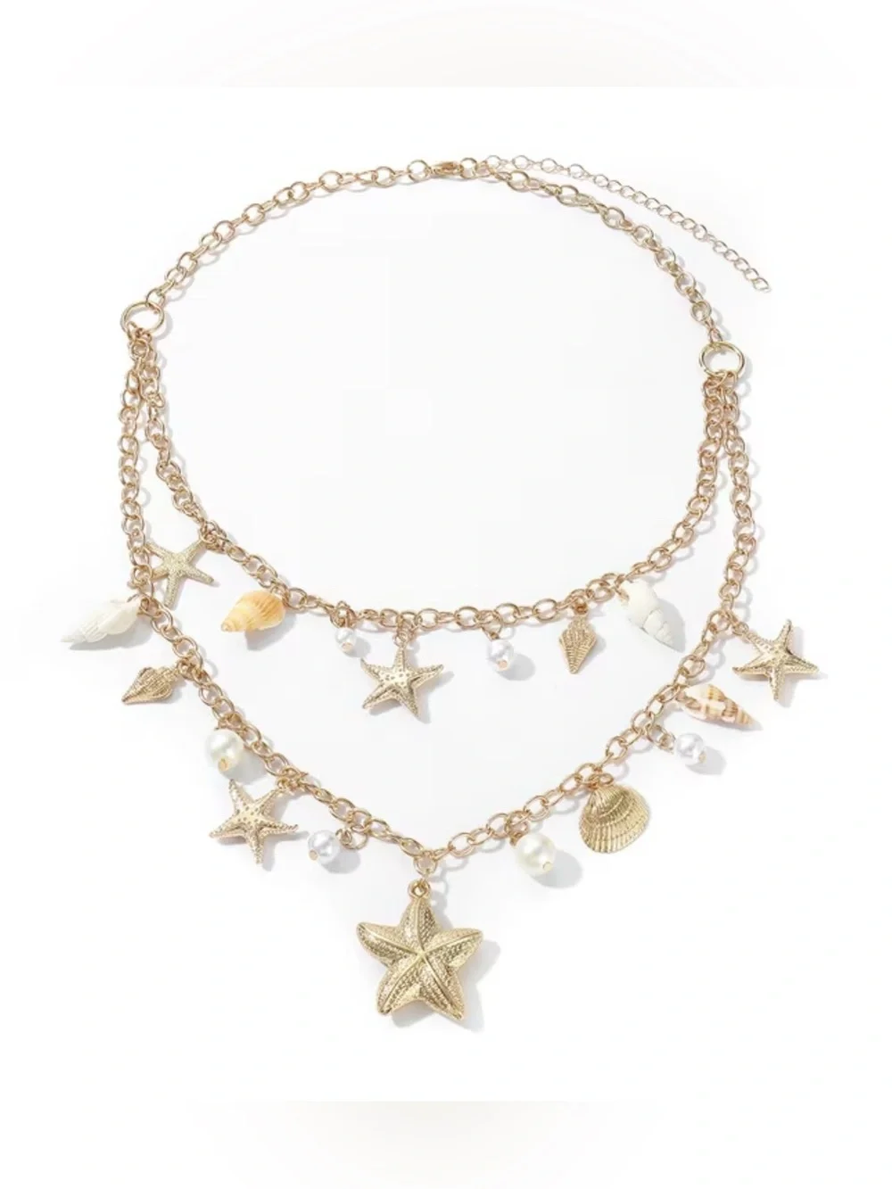 Gold Toned Seashell & Starfish Layered Necklace with Pearls